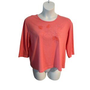 Coral Pink Floral Embroidered Beaded 3/4 Sleeve Top Shirt Size XL Spring Easter